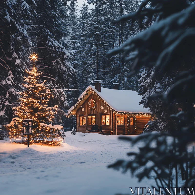 Cozy Log Cabin in Winter Wonderland AI Image