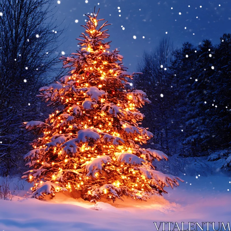 Christmas Tree Illuminated with Lights in Winter Wonderland AI Image