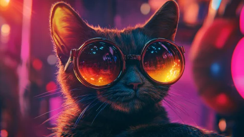 Cool Cat Sporting Sunglasses in a Neon Urban Night