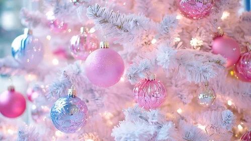 Festive White Christmas Tree with Pink and Blue Decorations