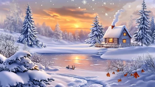 Peaceful Snowy Scene with Cabin at Sunset