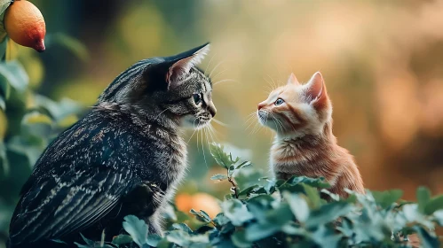 Tabby Cat and Ginger Kitten Interacting with Lemon in Background