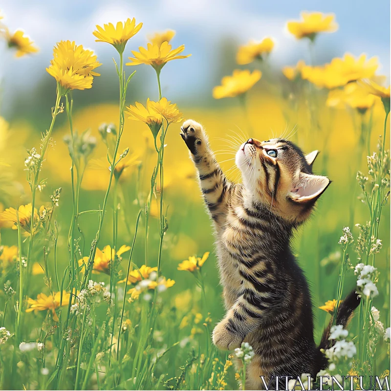 Cute Kitten Reaching for Flowers AI Image