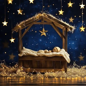 Serene Christmas Nativity with Starry Sky and Wooden Crib