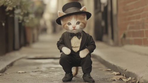 Sophisticated Kitten in Alley with Tuxedo and Hat