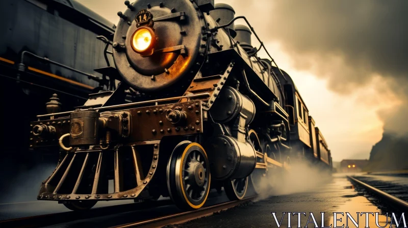 Black Steam Engine on Rails at Sunset | Steampunk Style AI Image