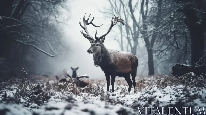 Captivating Red Deer Stag in Snowy Forest - Tranquil Nature Photography AI Image