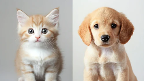 Cute Kitten and Puppy Side-by-Side Portrait