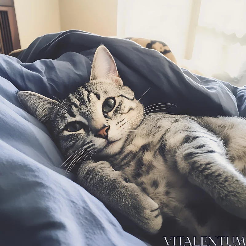 Relaxed Gray Tabby Cat on Blue Sheets AI Image