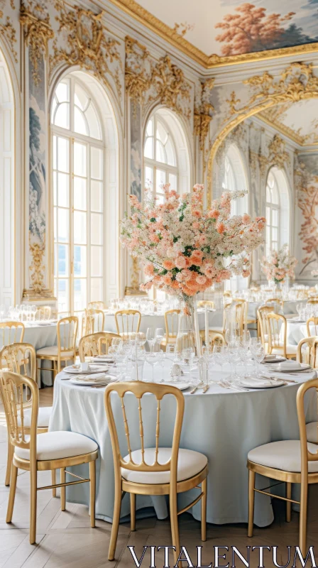 Elegant Banquet Room with Rococo Extravagance and Watercolor Florals AI Image