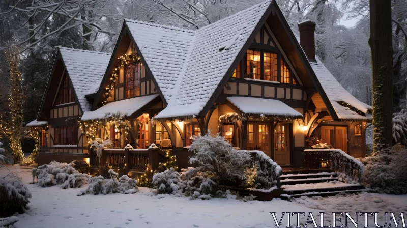 Enchanting Tudor Cottage in Winter Season with Lit Lights | Vintage-inspired AI Image