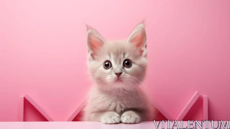 Fluffy White Kitten on Pink Table AI Image