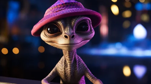 Friendly Alien in Pink Hat Against City Lights