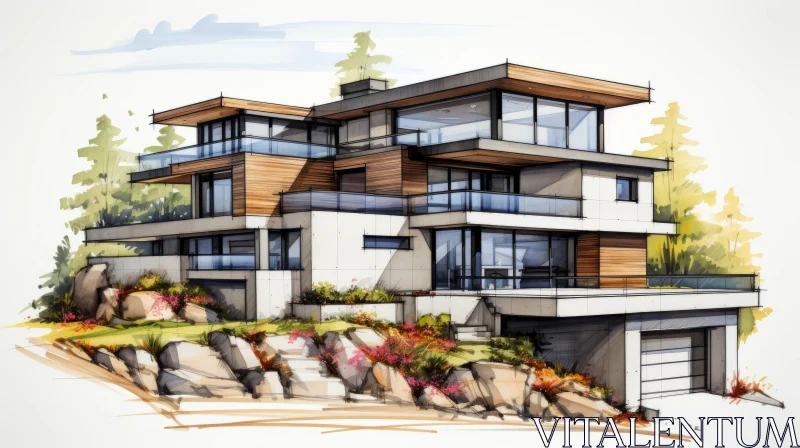 Hand-Drawn Sketch of a Modern Coastal Home AI Image