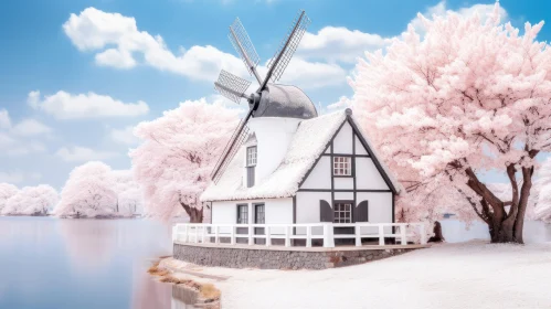 Infrared Windmill beside Waterfall and Pink Cherry Tree - A Dreamlike Scene