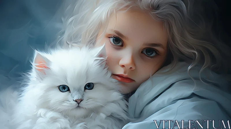 Innocence and Beauty: Portrait of a Young Girl with White Cat AI Image