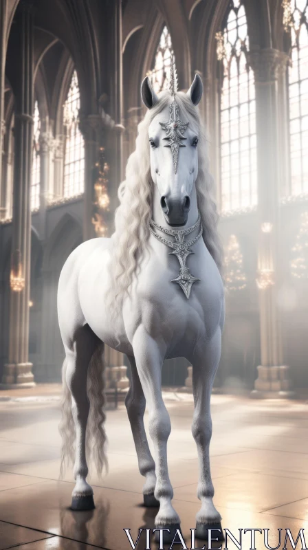 Majestic White Horse in a Grand Cathedral | Exquisite Crystals | Rococo Decadence AI Image