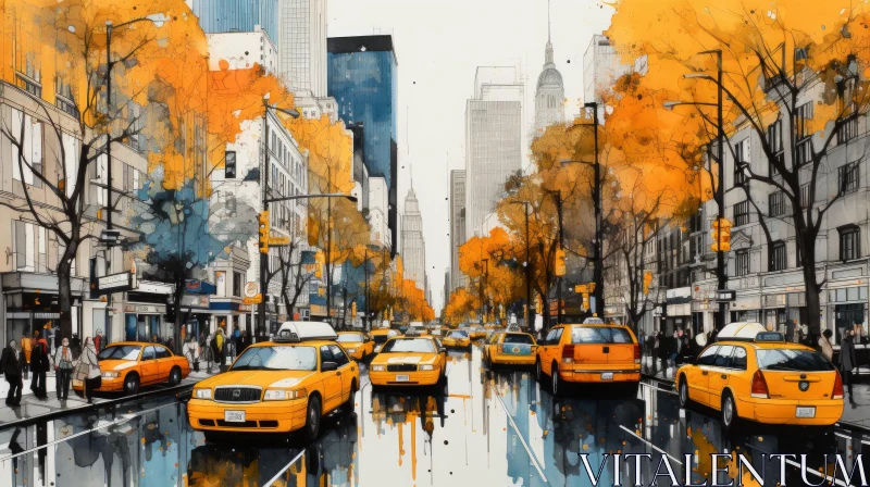 New York City in Autumn - Yellow Cab Watercolor Painting AI Image