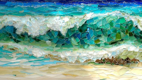 Ocean Wave Mosaic Artwork | Green-Blue Color Scheme | Sandy Beach