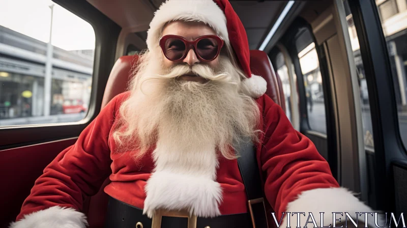 Santa Claus Riding in a Train with Sunglasses - Emotive Body Language - Colorized AI Image