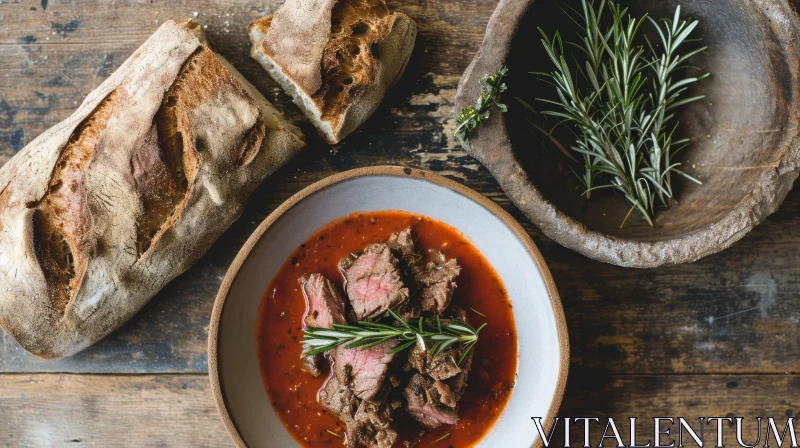 Savory Beef Stew with Rosemary and Crusty Bread | Food Photography AI Image