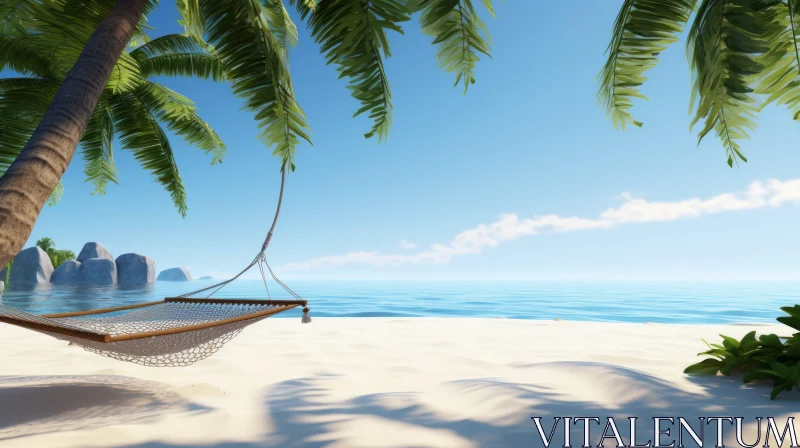 Serene Beach Scene with Hammock and Palm Trees | Minimalist Style AI Image