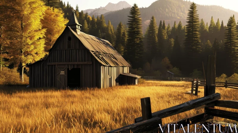 Serene Landscape: Wooden Barn in Peaceful Field AI Image