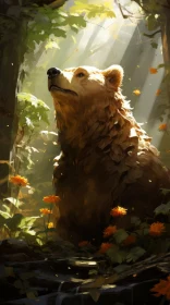 Tranquil Gardenscape: Detailed Bear in Amber-Hued Forest
