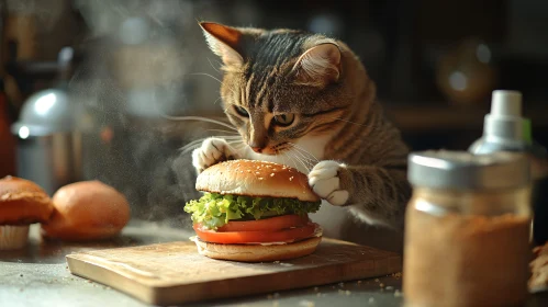 Tabby Cat and Burger in Warm Kitchen Setting