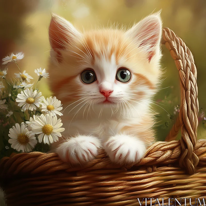 Innocent Kitten in Basket of Flowers AI Image