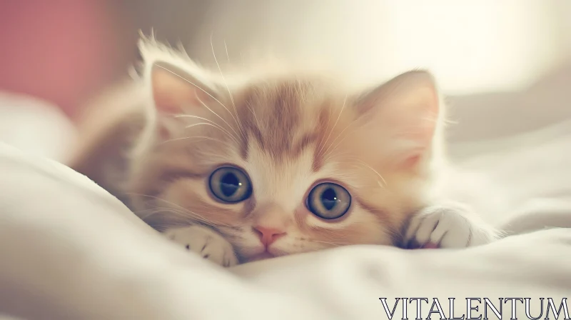 Cute Kitten Lying on White Blanket AI Image