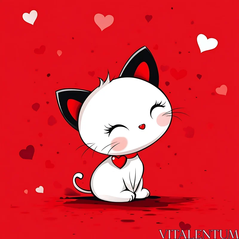 Cute Cartoon Cat with Heart Shapes Background AI Image