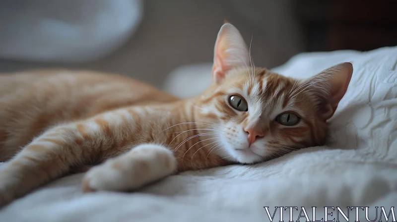 Relaxed Cat Resting on White Bedspread AI Image