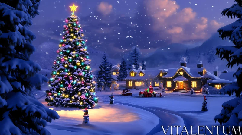 AI ART Festive Christmas Scene with Decorated Tree and Snowy Cabins