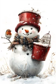 Snowman and Robin in a Snowy Scene