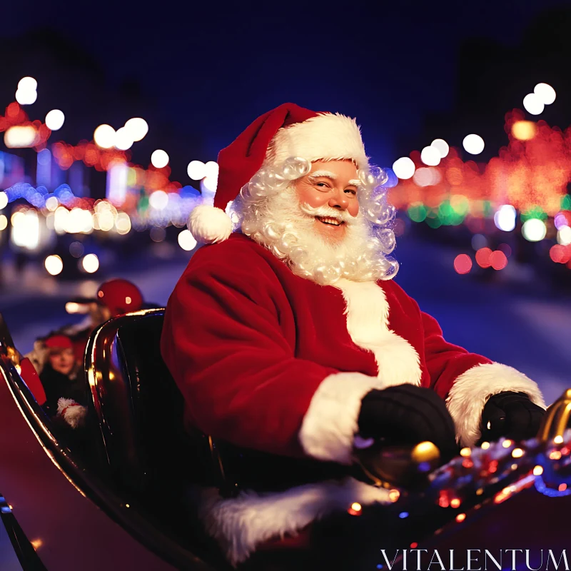 Santa Riding in Decorated Sleigh Under Holiday Lights AI Image