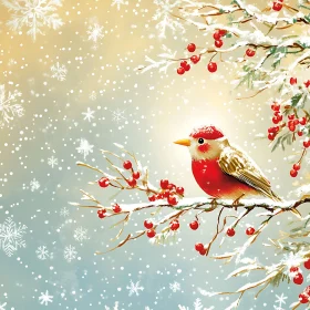 Winter Bird on Snowy Branch