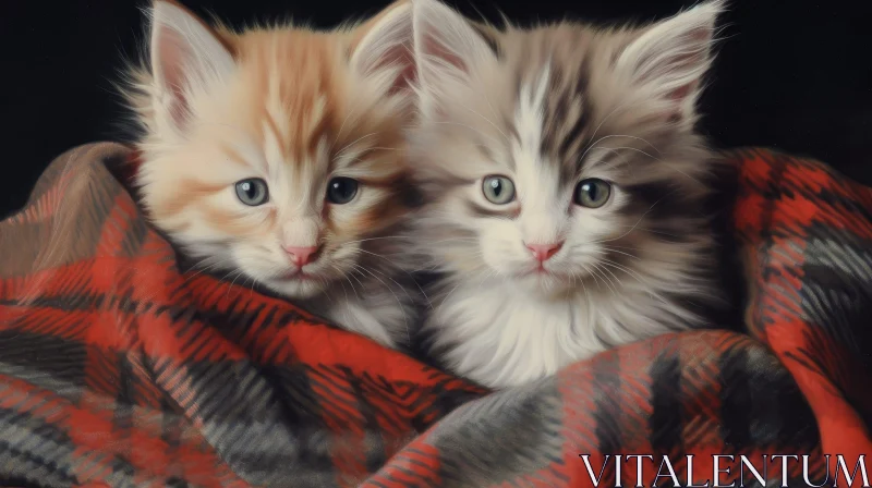 Adorable Kittens in Red and Gray Blanket AI Image