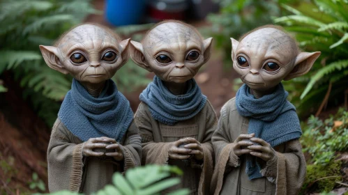 Alien Creatures in Brown Robes Among Green Foliage
