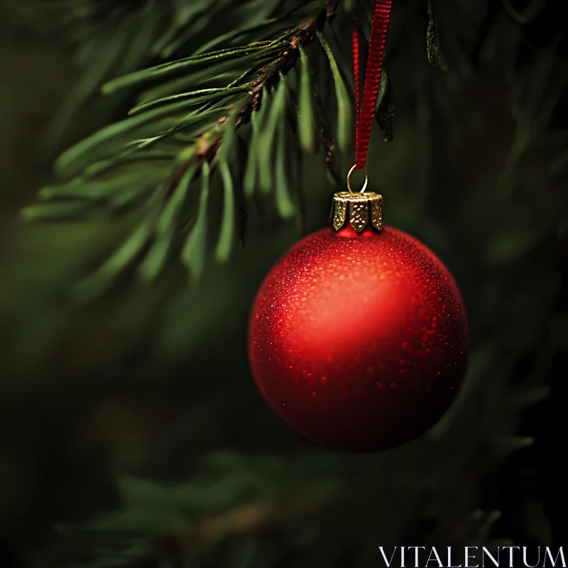 Red Christmas Ornament with Green Tree Branch AI Image