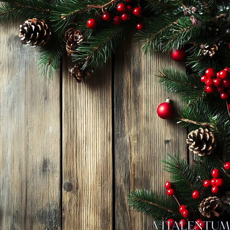 Rustic Christmas Decorations on Wood AI Image