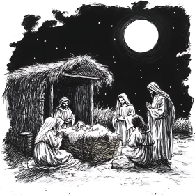 Illustration of Nativity Scene at Night