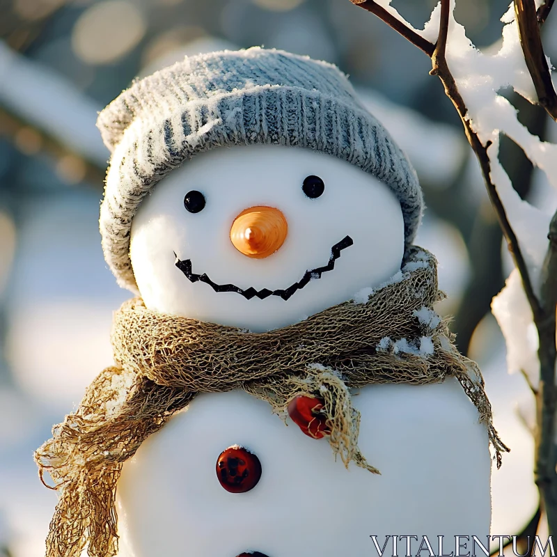 Joyful Snowman in Winter Setting with Coal Eyes and Carrot Nose AI Image