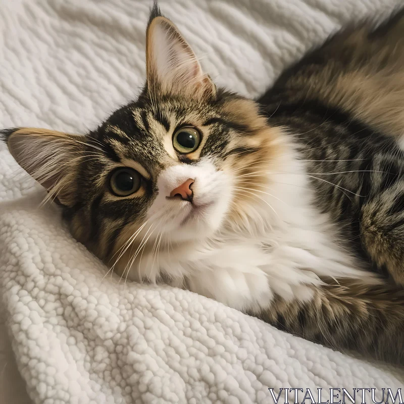 Cute Fluffy Cat on White Blanket AI Image