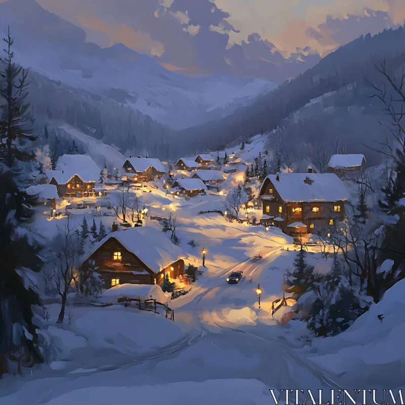 Serene Winter Village Landscape with Warm Cabin Lights AI Image