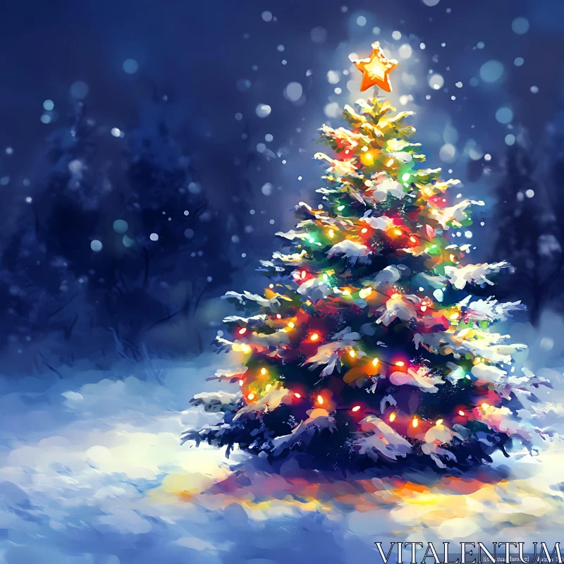 Colorfully Decorated Christmas Tree with Lights in Snow AI Image