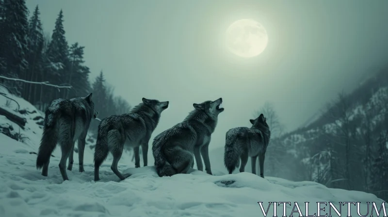 AI ART Beautiful Winter Landscape with Moon and Wolves