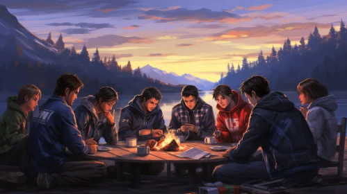 Campfire Gathering in Wilderness - Serene Nature Painting