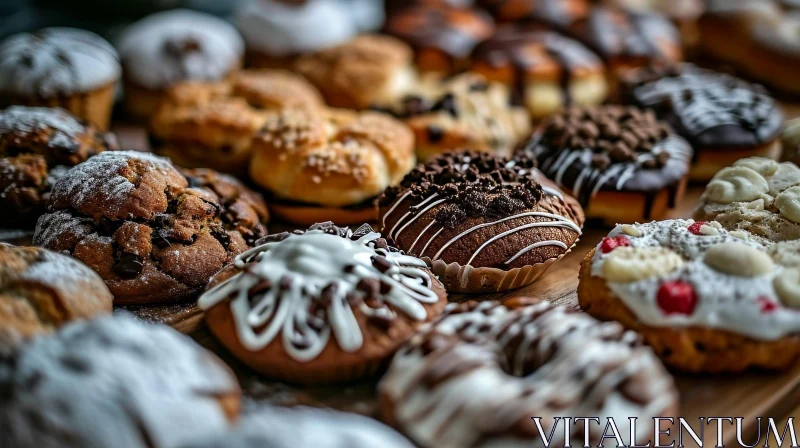 Delicious Assortment of Doughnuts and Muffins on a Wooden Table AI Image