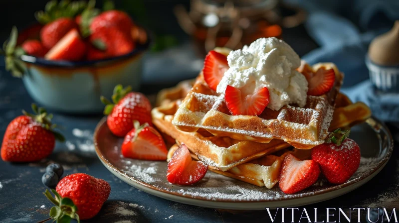 AI ART Delicious Waffles with Strawberries and Whipped Cream